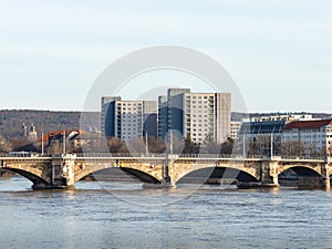 Apartment Buildings and the Albert Bridge During Flood in Dresden