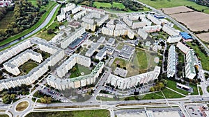 Apartment buildings and car parks, aerial view. Banska Bystrica,