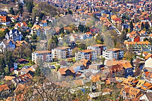 Apartment buildings with red roofs in the city of Wernigerode. Germany