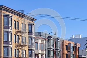 Apartment buildings in a row against the clear sky in San Francisco, California