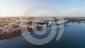 Apartment buildings in the Vuosaari district of Helsinki at sunset, Finland. Beautiful summer panorama