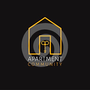 Apartment community vector logo design. House and key logotype.