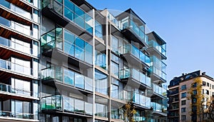 Apartment complex in a city with contemporary glass balconies