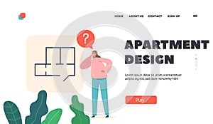 Apartment Design Landing Page Template. Happy Female Character Choose Layout. Woman Stand at Floor Plan of New Home