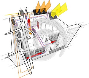 Apartment diagram with floor heating and gas water boiler and connected to the wind turbines and photovoltaic and solar panels