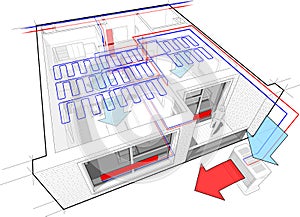 Apartment diagram with radiator heating and ceiling cooling