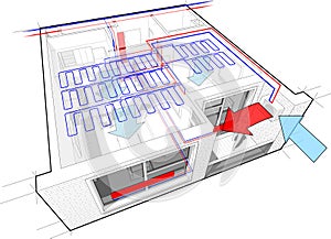 Apartment diagram with radiator heating and ceiling cooling