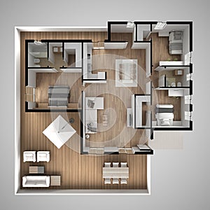 Apartment flat top view, furniture and decors, plan, cross section interior design, architect designer concept idea, gray