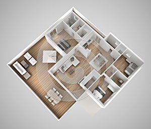 Apartment flat top view, furniture and decors, plan, cross section interior design, architect designer concept idea, gray