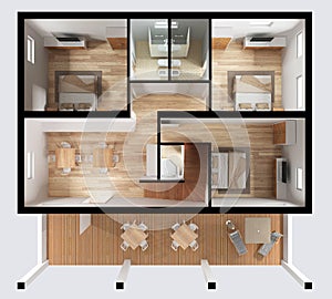 Apartment flat top view, furniture and decors, plan, cross section interior design, architect designer concept idea, light gray