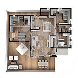 Apartment flat top view, furniture and decors, plan, cross section interior design, architect designer concept idea, white
