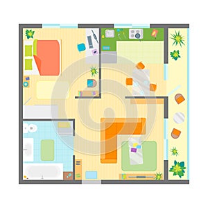 Apartment Floor Plan with Furniture Top View. Vector