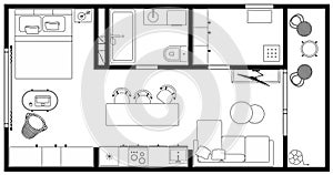 Apartment floor plan. Interior design of kitchen, living room, bedroom. Furniture elements set. Vector
