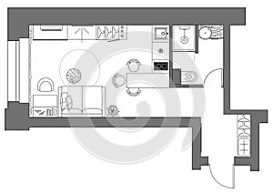 Apartment floor plan. Small studio plan of condominium. Private home with the arrangement of furniture in top view. Vector