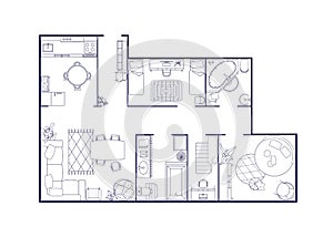 Apartment floor plan, top view. Contoured flat interior design layout with furniture overhead. Outlined house map with