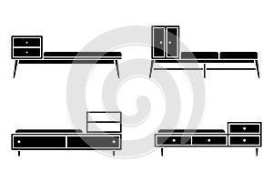 Apartment hallway cabinet, ambry, locker, cupboard, wardrobe, storage, shelf, bench, shoes place silhouette vector icon set