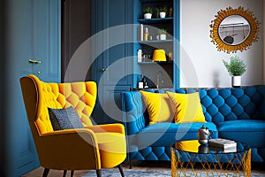 apartment with home interior blue sofa and yellow armchair