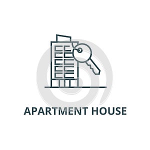 Apartment house with key line icon, vector. Apartment house with key outline sign, concept symbol, flat illustration