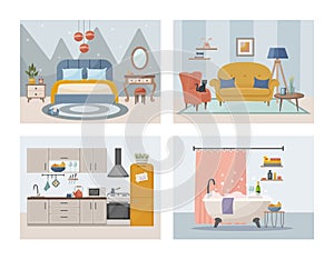 Apartment inside. Set with interiors. Furnished rooms. Flat vector illustration of rooms with furniture.