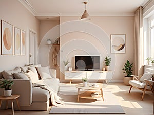 Apartment interior design in Scandinavian style and warm beige colors