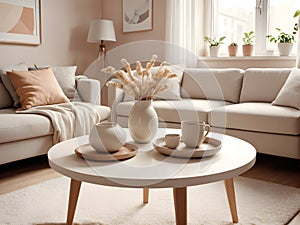 Apartment interior design in Scandinavian style and warm beige colors