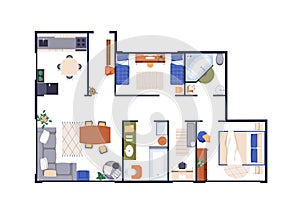 Apartment interior design, top view. Overhead floor plan with furnished rooms in home. Furniture in bedroom, kitchen