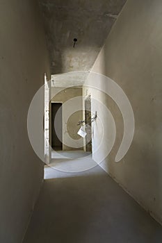 Apartment interior under renovation during restoration refurbishment. Construction cite in corridor in a new built house