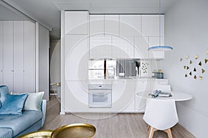 Apartment interior with white kitchenette
