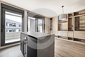Apartment with kitchen open to the living room with custom-made oak bookcase and windows with sliding doors leading to a large