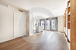 Apartment with a kitchen with smooth gray cabinets and an island open to the living room with a custom-made oak bookcase, large