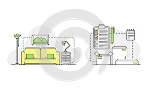 Apartment move. Moving to new house with home furniture and boxes linear vector illustration