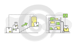 Apartment move set. Transportation and logistics service linear vector illustration