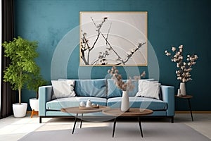 room interior apartment furniture design blue wall wood home sofa modern. Generative AI.