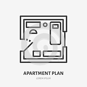 Apartment plan flat line icon. Vector thin sign of room layout, condo rent logo. Real estate illustration