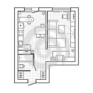 Apartment plan with furniture. Floor plan, thin line icons set. Interior design simbols in top View. Vector illustration