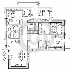 Apartment plan with furniture in top view. Layout of house standard set of icons for floor plan. Vector