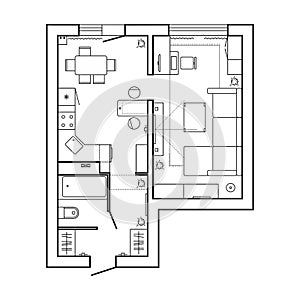 Apartment Plan witch Furniture Thin Line Interior Design Set Top View. Vector illustration