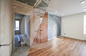 Apartment room with doors before and after renovation.