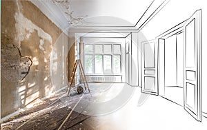 Apartment room during renovation merged with outline drawing / sketch of the room