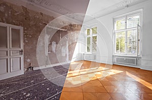 Apartment room before and after restoration or refurbishment -