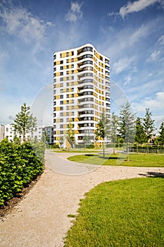 Apartment tower in the city - modern residential building with low energy house standard