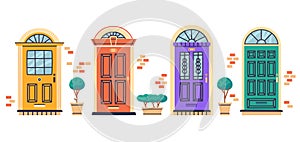 Apartments or house entrances, cartoon doors, residential building doorways. Front doors, home facade closed doors hand drawn