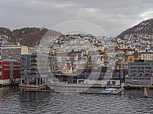 Apartments, Houses and Maritime Buildings all mixed up with one another on the waterfront of Bergen