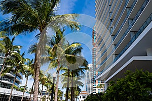 Apartments in skyscrapers at Miami Beach. Expensive real estate in Miami.