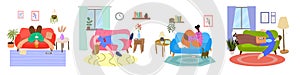 Apathetic people at home set.The concept of procrastination and apathy.People are depressed at home.Flat illustration