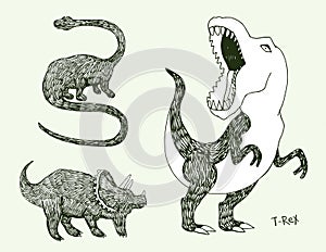 Apatosaurus triceraptor and angry tyrannosaurus rex with open huge mouth sketch. Hand-drawn dinosaur set. Animal vector