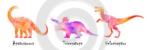 Apatosaurus, Triceratops, Velociraptor dinosaurs . Colorful silhouette watercolor painting style . Set 3 of 5 . Illustration