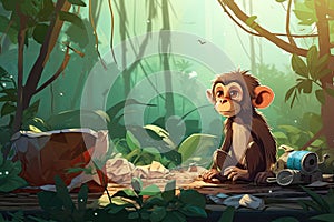 ape sit in the jungle between rubbish environmental pollution AI generated