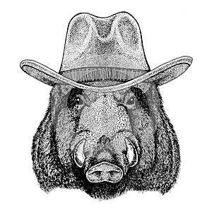 Aper, boar, hog, hog, wild boar Wild animal wearing cowboy hat Wild west animal Cowboy animal T-shirt, poster, banner