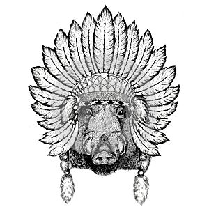 Aper, boar, hog, hog, wild boar Wild animal wearing indiat hat with feathers Boho style vintage engraving illustration